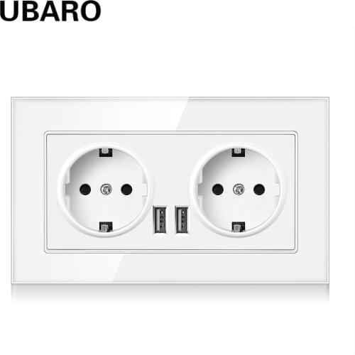 UBARO 146*86mm German Standard Tempered Crystal Glass Panel Wall Socket With Usb 5V 2A And Usb Type C Power Plug Home Outlet