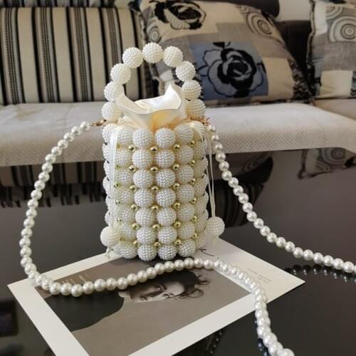 Luxury Women Clutch Beaded Bucket Wedding Clutch Lady Evening Bag Hollow Out Mini Pearl Handbags For Female Purse
