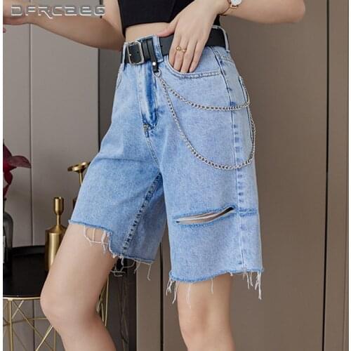 Loose Streetwear Womens Wide Leg Denim Shorts Summer 2021 High Waist Knee Length Hole Short Jeans Female Ripped Bermuda Shorts