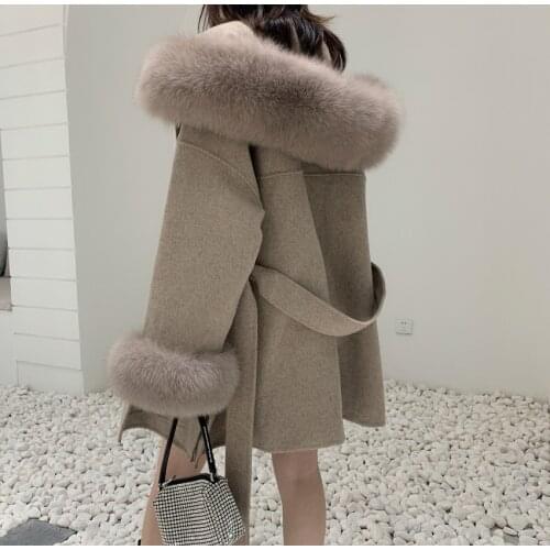 2021 Luxury Oversized Real Cashmere Blend Coat Women Winter Wool Hooded Cardigan Jacket With Genuine Fox Fur Collar Droppshiping