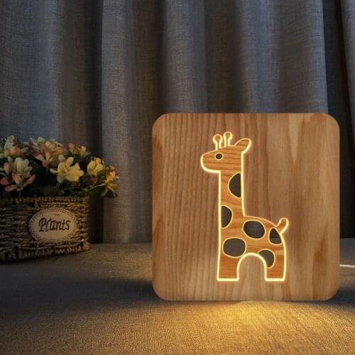 Giraffe 3D Led Wooden Night Lights Children Bedroom Living Room Decoration wood Hollow carving Table Lamp warm white light