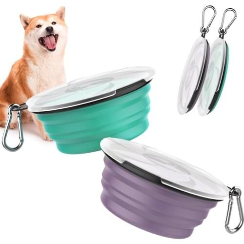 Pawaboo Collapsible Dog Bowls 2 Pack,Silicone Feeding Watering Bowls with Lids & Carabiners for Dogs Cats,Portable Collapsable