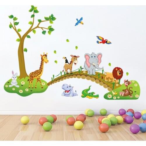 3D Cartoon Wall Stickers Jungle wild animal tree bridge lion Giraffe elephant birds flowers for kids room living room home decor