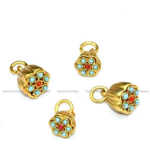 50pcs New Arrival Matt Gold Plating Blue Turquoise Red Agate Setting Seedpod of the Lotus Pendants & Charms Diy Bracelet Making