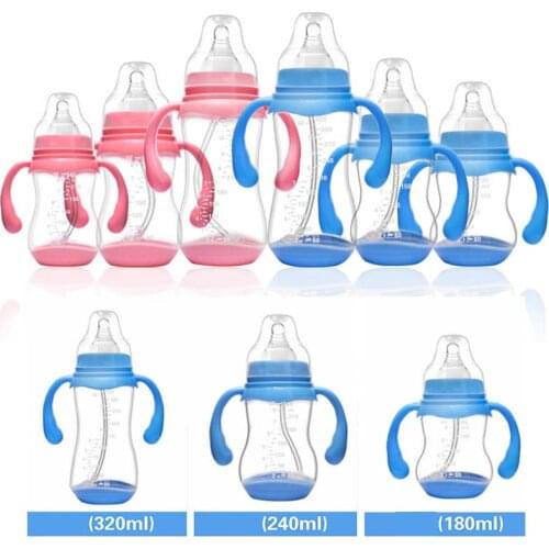 Width Mouth Arc Antislip Waist PP Milk Feeding Bottle with Handle Temperature Sensing Bottom 180ml/240ml/320ml
