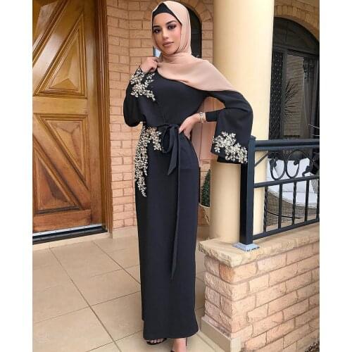 Donsignet Arab Ramadan Womens Lace Beaded Dress Hijabs Robe Belt Middle East Dubai Abaya Turkey Eid Long Dress Muslim Fashion