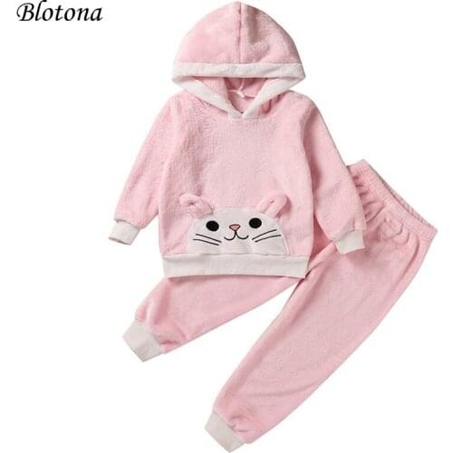 Blotona 2Pcs Children Fall Winter Warm Loungewear, Fleece Cartoon Rabbit Hooded Long Sleeves Tops + Pants Suit for Girls, Pink