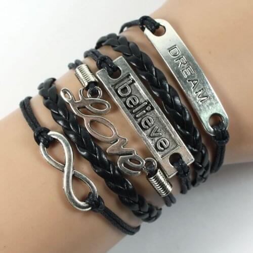 Handmade Leather Bracelet Combined With Dream Love Believe Infinity Charm Bracelet Friendship Antique Bronze