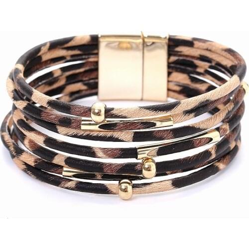 Magnetic Buckle Leopard Print Copper Tube Bracelet Beads Notions Leather Bangle Popular Alloy Jewelry for Women