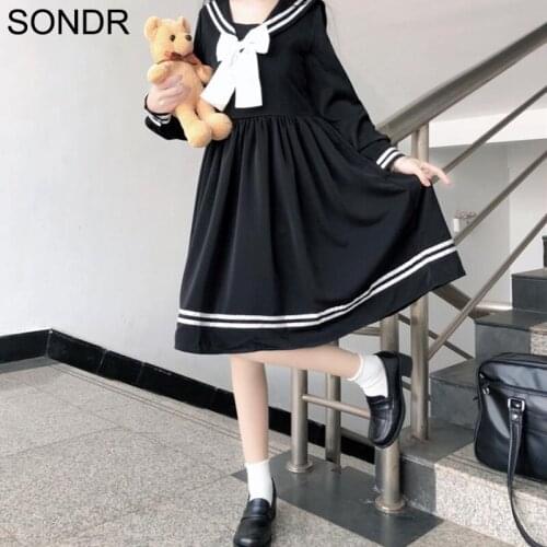 Kawaii Japanese Lolita Soft Girl College Style OP Loli Dress Sweet Cute Bow Sailor Collar Full Sleeve Vintage High Waist Dresses
