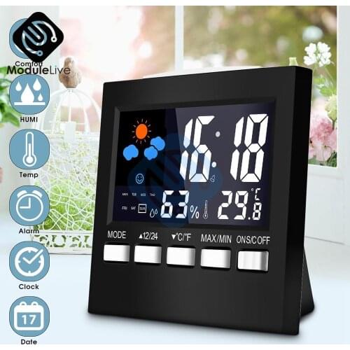 Multifunctional Thermometer Hygrometer Clock and Alarm Clock LED Backlight Color Screen Digital Display Snooze Clock+USB Cable