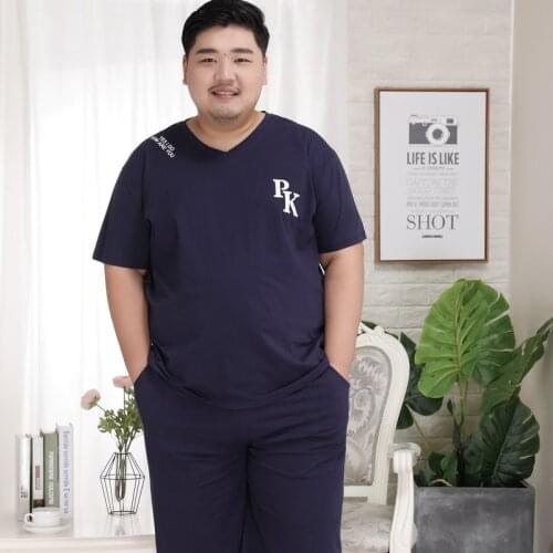 Free Shipping 2019 New Men Summer 100% Cotton Plus Size Pajama Sets Extra Large Soft Sleepwear Short Sleeve V-Neck Collar