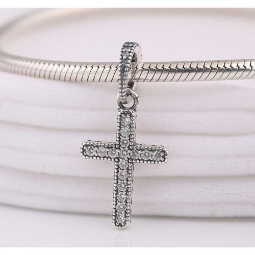 Authentic S925 Silver Classic Cross With Crystal Pendant Hanging Bead Charm for Women Bracelet Bangle DIY Jewelry