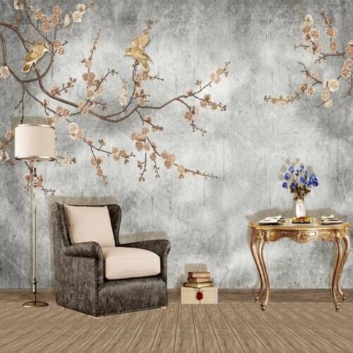 Retro Hand Painted Flowers And Birds Wallpaper 3D Cement Wall Photo Wall Mural Living Room TV Sofa Study Papel De Parede Fresco