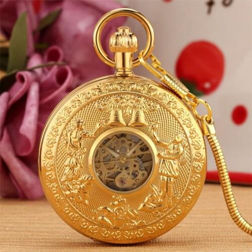 Luxury Gold Copper Mechanical Pocket Watch Self-Winding Pendant Antique Clock Double Hunter Automatic Pocket Clock Retro Gifts