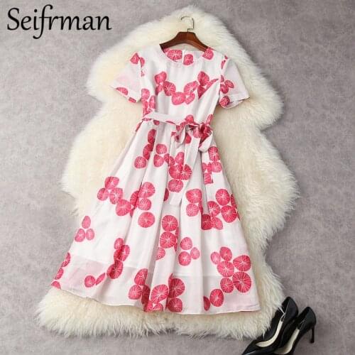 Seifrmann New 2021 Summer Women Fashion Runway Party Midi Dress Short Sleeve Bow Sashes Printed Elegant Ladies A-Line Dresses