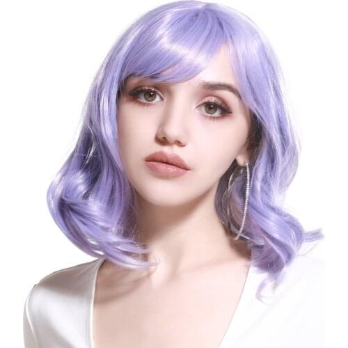 SARLA Short Pink Bob with Bangs Synthetic Lolita Curly Wig Cosplay Black Brown Purple Grey Ombre Fake Scalp Full Womens Wigs