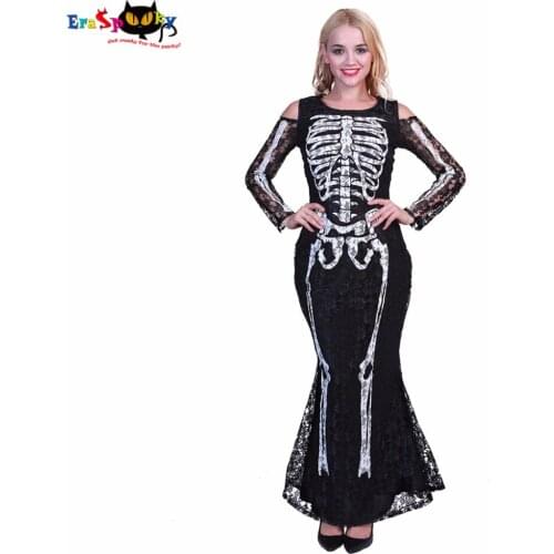 Eraspooky Scary halloween costumes for Women Bone Skeleton Long Dress Costume Adult Sexy Lace Fancy Dress