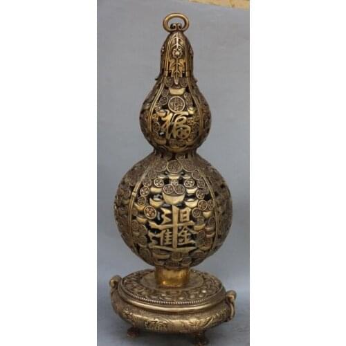 Xd 002503 24" Chinese Bronze Wealth Money Dragon Phoenix Calabash Cucurbit Gourd Sculpture