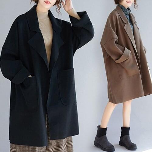 2020 Fall Winter Coat Women Simple Classic Oversized Wool Jacket Female Big Pocket Windbreaker Outerwear Black Long Clothes Tops