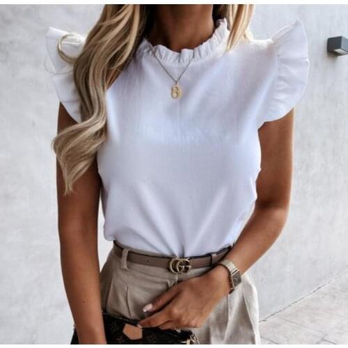 Butterfly Short Sleeve Womens Tops and Blouses Solid Ruffles Sweet Blouse For Girls 2021 Summer Plain Casual Top