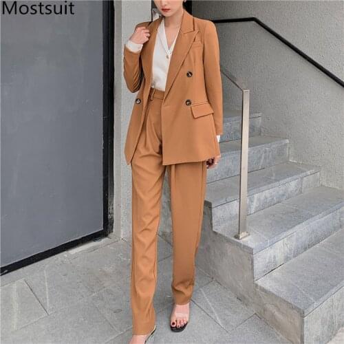 2020 Autumn Korean Office Two Piece Sets Women Long Sleeve Blazer + High Waist Pants Suits Solid Elegant Female 2 Piece Sets
