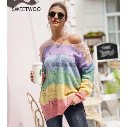 Womens Pullover Sweaters Side Split Rainbow Stripe Patchwork O Neck Long Sleeve Loose Knitted Tops Autumn Winter 2021