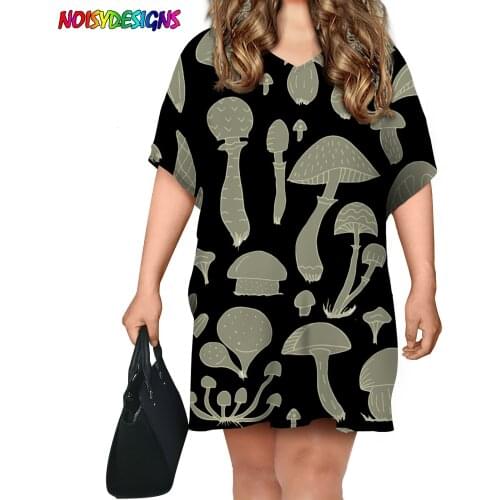 NOISYDESIGNS Plus Size Dress Colorful Mushroom Printing Black Loose Sundress O Neck Oversize Womens Summer Vestido De Mujer