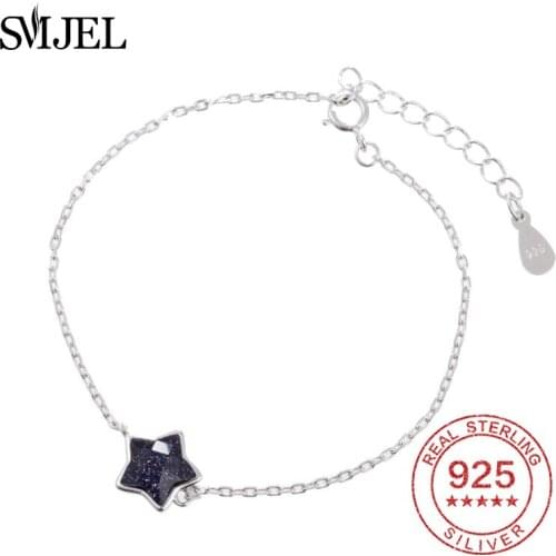 SMJEL 925 Sterling Silver Crystal Star Charms Bracelet for Women Party Cuff Bracelet Bangles Korean Jewelry Valentines Day Gift