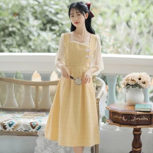 Summer New Temperament Disc Buckle Iimproved Cheongsam Vintage Square Collar Yellow Plaid Puff Sleeve Lace-up Elegant Dress