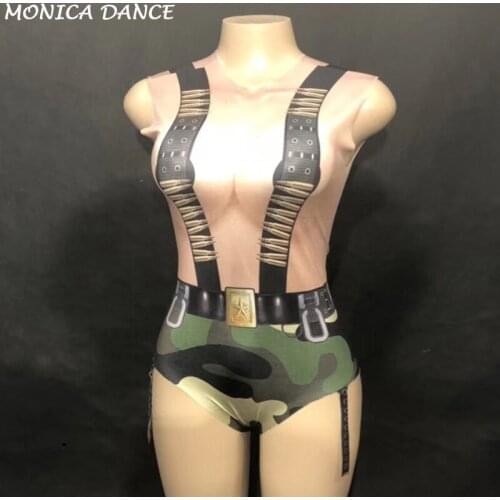 Women Sexy Stage Camouflage Bodysuit 3D Printed Nightclub Party Birthday Celebrate Stage Wear Costumes
