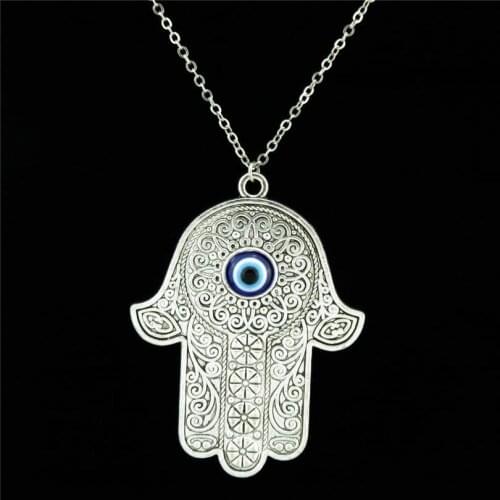 Q1603 16-4 Handmade Alloy 62mm Plus Acrylic Evil Eye Hamsa Hand Pendant Short Chain Collar Necklace 18" Women Jewelry Supplies