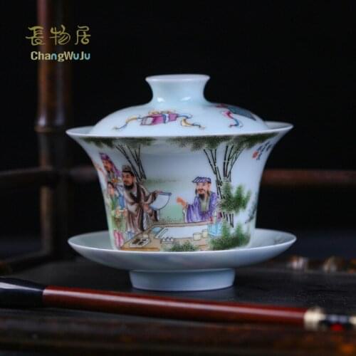 Changwuju in Jingdezhen fine Cups & Saucers the handmade famille rose porcealin Kung-Fu tea cup with cover painted by Jinhongxia