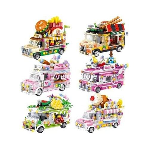 Friends Series Mini Ice Cream Van Pink Car Building Blocks Cake Bus Dining Car Truck Bricks Model Toys for Kid Birthday Gift