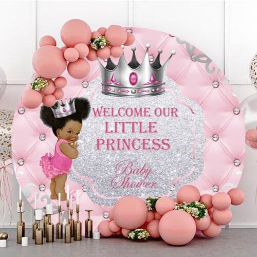 Welcome Our Little Princess Gold Crown Pink Headboard Round Backdrop For Baby Shower 1st Birthday Party Circle Background