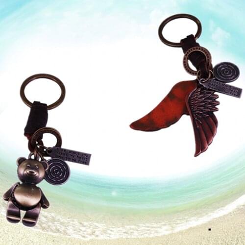 Good Omens Angel Wings Leather metal Teddy Bear doll key chain Key Ring Pendant I feel about you make my heart lone to be free