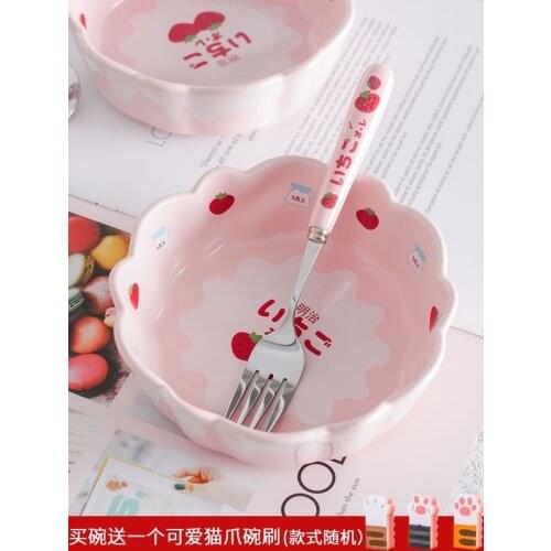 Pink Girl Heart Meiji Strawberry Bowl Ceramic Fruit Salad basin Dessert pot Student Breakfast cup Cereal tub HP101202
