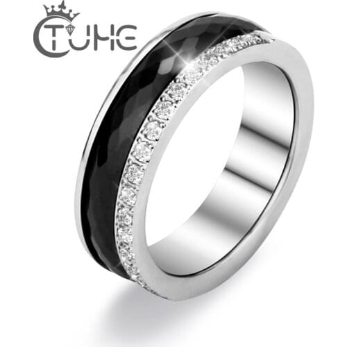 Hot Sale Half Row Rhinestone Inlaid Zircon Anniversary Ring For Women Men 6mm Stainless Steel Ceramic Rings Anniversary Jewelry