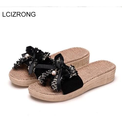 LCIZRONG 4 Colors Home Women Slippers Fashion Bling Outside Beach Slippers Female Cute Linen Platform Shoes Girl Wedges Shoe