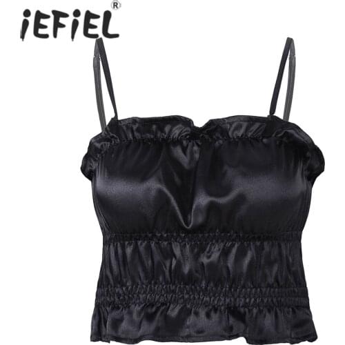 Summer Women Adjustable Spaghetti Strap Pleated Camisole Backless Ruffle Crop Tops Solid Color Leotard Vest for Lingerie Party