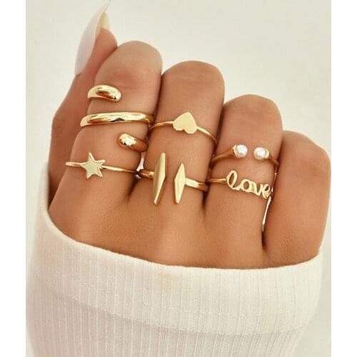 Vintage Gold Star Heart Rings Set Fashion Pearl Letter Love Geometric Rings for Women Jewelry Accessories