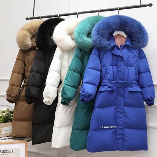 Real Natural Fox Fur Winter 90% White Duck Down Coat Winter Jacket Loose Women Down Parkas Thick Warm Hooded Overcoat with belt