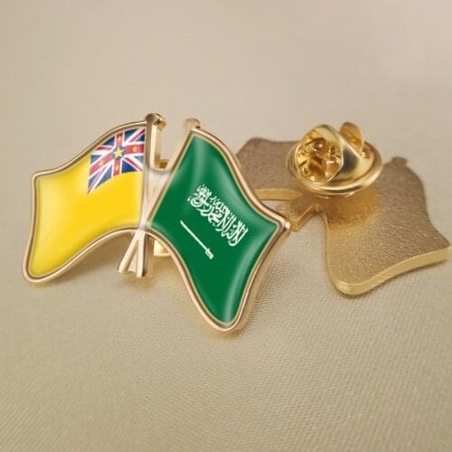 Niue and Saudi Arabia Crossed Double Friendship Flags Lapel Pins Brooch Badges