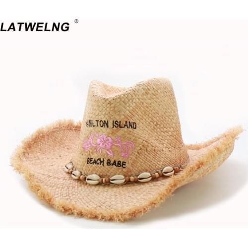 2020 New Trendy Shell Belt Women Panama Hat Cowgirl Raffia Beach UV Hats Men Cool Jazz Summer Visor Cap Western Cowboy Sun Hat