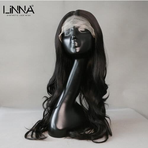 LINNA Body Wave Lace Front Wigs For Women Natural Black Long Wavy Middle Part Lace Cosplay Wigs High Temperature Fiber Wigs