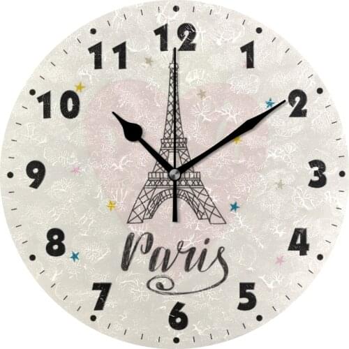Paris Eiffel Tower Round Wall Clocks French Style Silent Wall Hanging Watch 25cm Wooden Clock for Living Room