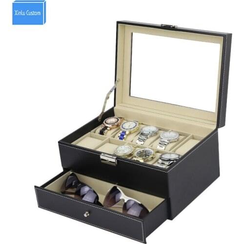 DHL Black PU Luxury 2 Layer 10 Grids WristWatch + Jewelry Sunglass Jewel Case Box Wood Jewelry Collection Display Casket WBG1069