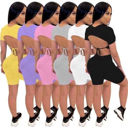 Sexy Backless Shorts 2 Piece Set Women Bandage O Neck Crop Top And Pants Leggings Suit Club Outfit Summer Spring Tracksuit 2021