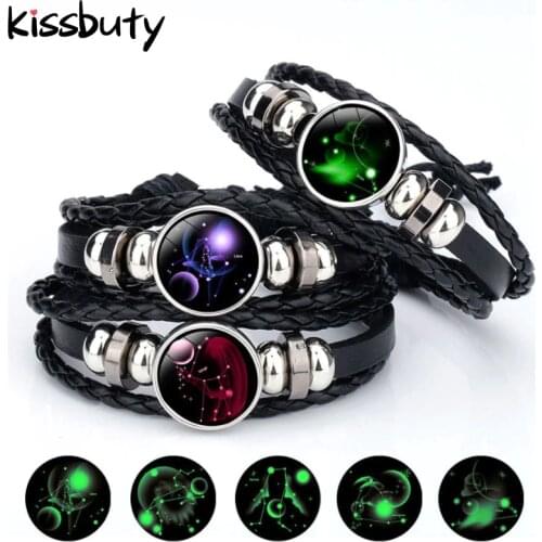 New Handmade Luminous 12 Constellation Zodiac Print Leather Bracelets Glass Snap Buttons Bracelet Bangle for Woman Men Jewelry