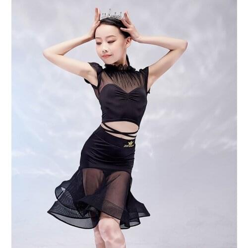 2021 Latin Dance Performance Costumes For Girls Dancing Dress Black Mesh Fishbone Skirt Samba Dancewear Practice Clothes VDB3406